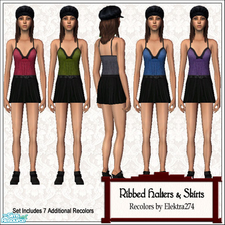 Sims 2 — Ribbed Halter Tops & Skirts by elektra274 — A collection of 12 knit ribbed halter tops paired with