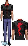 Sims 1 — Exotic Red by PBearCreations — Jeans and a retro 50's bowling shirt in black with red trim and silhouette of a