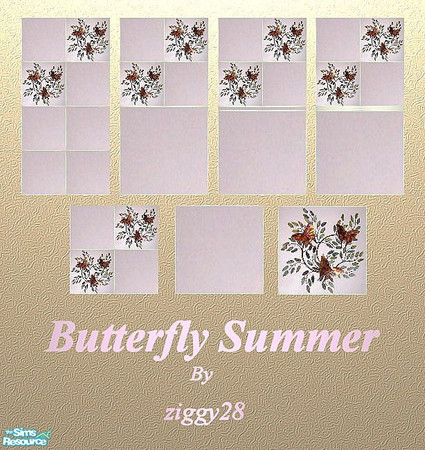 Sims 2 — Butterfly Summer Wall & Floor Tile Set by ziggy28 — A set of 4 wall tiles and 3 floor tiles